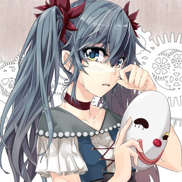 Anime picture 1200x1200 with vocaloid karakuri pierrot (vocaloid) hatsune miku takanashi kei (hitsujikan) long hair twintails aqua eyes grey hair tears girl mask