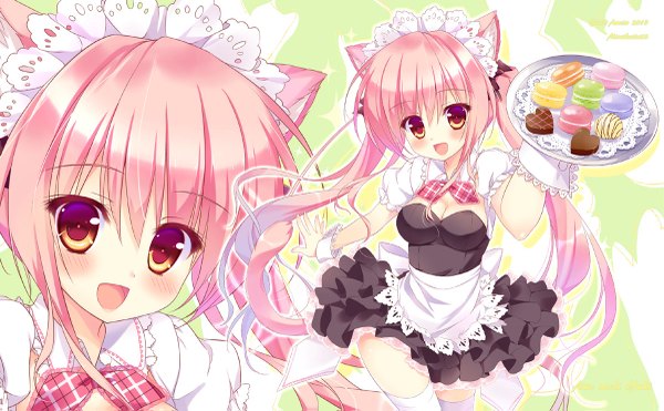 Anime picture 1200x743 with original macaron (ameto yuki) ameto yuki long hair blush open mouth red eyes wide image twintails animal ears pink hair cat ears maid cat girl cat tail zoom layer girl thighhighs white thighhighs food