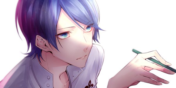 Anime picture 2400x1200 with persona 5 persona kitagawa yuusuke yuu (isis7796) single highres short hair blue eyes simple background wide image white background blue hair looking away shaded face face boy pencil