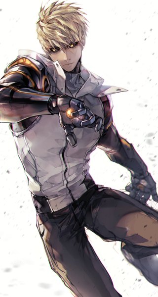 Anime picture 1679x3144 with one-punch man madhouse genos haban (haban35) single tall image fringe short hair simple background blonde hair hair between eyes standing white background yellow eyes looking away bent knee (knees) standing on one leg black sclera superhero boy