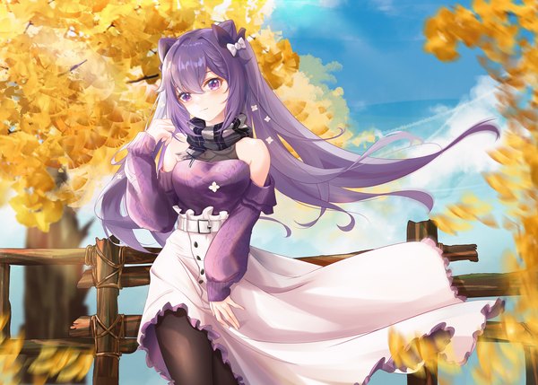Anime picture 2252x1609 with genshin impact keqing (genshin impact) keqing (lantern rite) (genshin impact) liu liaoliao single long hair looking at viewer blush fringe highres hair between eyes standing bare shoulders payot sky purple hair outdoors head tilt pink eyes wind