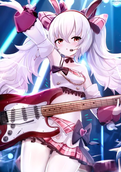 Anime picture 1158x1638 with azur lane laffey (azur lane) laffey (halfhearted bunny idol) (azur lane) nekoya (liu) single long hair tall image looking at viewer blush fringe hair between eyes red eyes standing twintails bare shoulders holding signed animal ears payot white hair