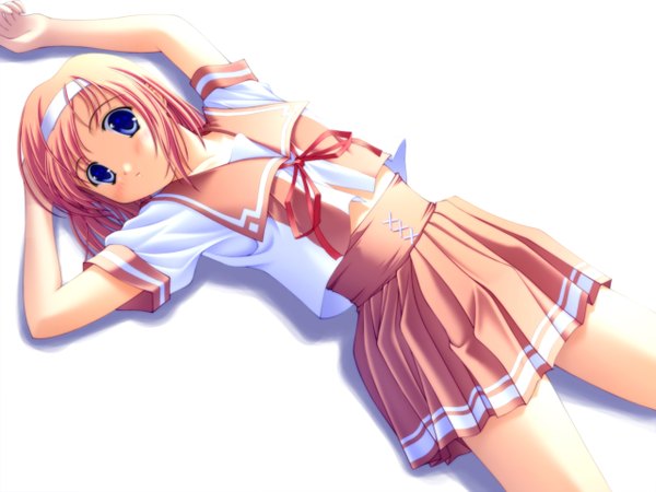 Anime picture 1280x960 with tagme (copyright) acid head single looking at viewer blush short hair blue eyes white background red hair lying pleated skirt on back girl skirt uniform serafuku hairband