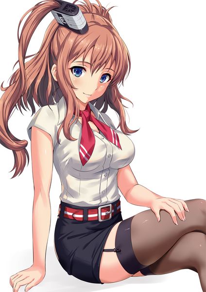 Anime picture 800x1131 with kantai collection saratoga (kantai collection) sakiyamama single long hair tall image looking at viewer blush fringe breasts blue eyes simple background hair between eyes brown hair white background sitting payot fingernails arm support short sleeves