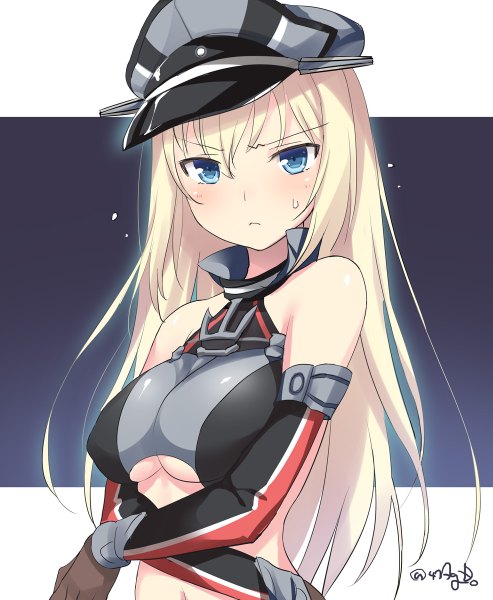 Anime picture 986x1200 with kantai collection bismarck battleship 47agdragon single long hair tall image blush fringe breasts blue eyes light erotic blonde hair large breasts bare shoulders bare belly sweatdrop crossed arms frown girl gloves