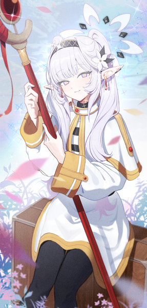 Anime picture 1250x2611 with sousou no frieren blue archive frieren himari (blue archive) zanya 000 single long hair tall image looking at viewer fringe smile sitting purple eyes sky cloud (clouds) white hair blunt bangs pointy ears mole wide sleeves