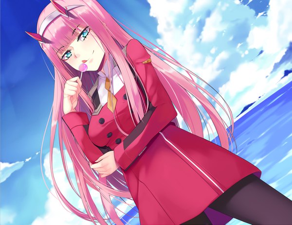 Anime picture 1293x999 with darling in the franxx studio trigger zero two (darling in the franxx) aoi (buzhuen444) single long hair looking at viewer fringe blue eyes pink hair sky cloud (clouds) blunt bangs horn (horns) dutch angle horizon :q girl uniform food