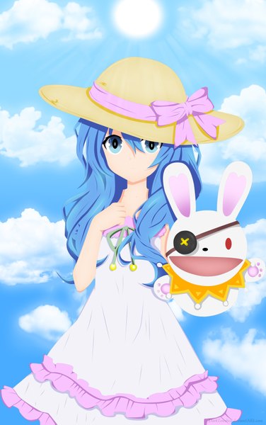 Anime picture 2200x3510 with date a live yoshino (date a live) yoshinon krloz172 single long hair tall image highres open mouth blue eyes blue hair sky cloud (clouds) coloring girl dress hat eyepatch sun straw hat