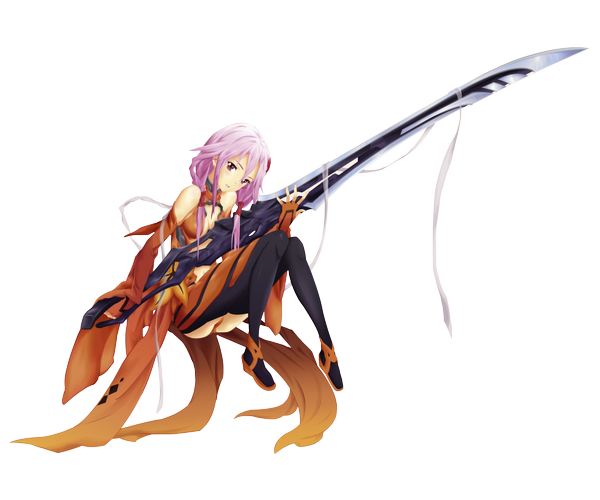 Anime picture 1530x1275 with guilty crown production i.g yuzuriha inori single long hair light erotic red eyes bare shoulders pink hair ass transparent background girl thighhighs hair ornament ribbon (ribbons) weapon black thighhighs detached sleeves sword hairclip