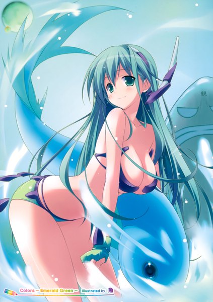 Anime picture 2467x3500 with original sakana single long hair tall image blush highres breasts light erotic smile green eyes signed green hair girl gloves swimsuit animal bikini fish (fishes)