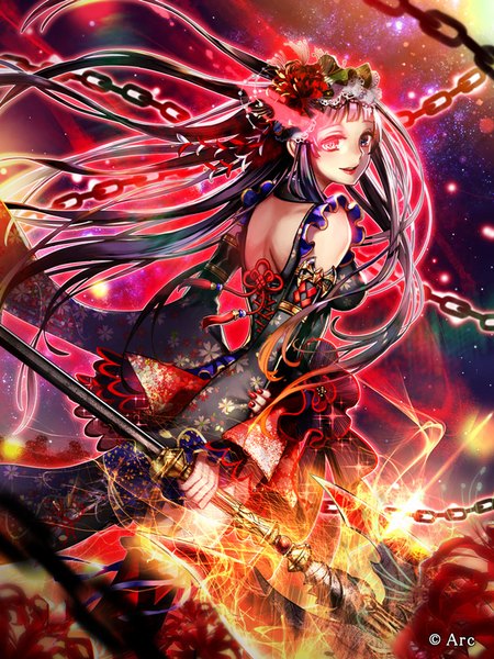 Anime picture 600x800 with sengoku kishin valkyrie susuke single long hair tall image fringe breasts open mouth blue eyes black hair smile red eyes holding silver hair blunt bangs traditional clothes japanese clothes looking back multicolored hair wind