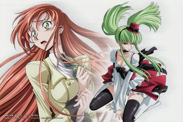 Anime picture 2104x1406 with code geass sunrise (studio) c.c. shirley fenette long hair fringe highres open mouth simple background white background sitting multiple girls green eyes yellow eyes looking away red hair green hair vector girl thighhighs