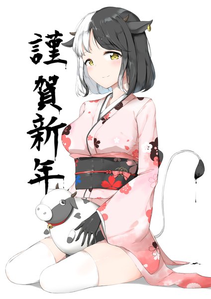 Anime picture 1654x2339 with original zagashira single tall image looking at viewer short hair breasts black hair simple background smile white background sitting animal ears yellow eyes white hair tail traditional clothes japanese clothes animal tail multicolored hair
