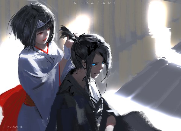 Anime picture 1200x873 with noragami studio bones yato (noragami) nora (noragami) wlop fringe short hair black hair red eyes sitting looking away ponytail nail polish traditional clothes parted lips head tilt japanese clothes aqua eyes fingernails lips