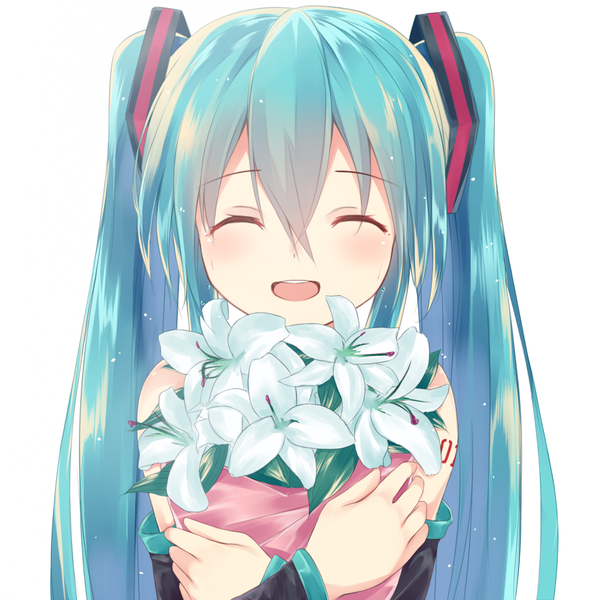 Anime picture 1039x1039 with vocaloid hatsune miku tsuzaki tsunomi single long hair looking at viewer open mouth simple background white background twintails eyes closed aqua hair girl hair ornament flower (flowers) bouquet