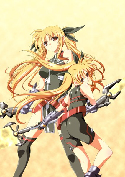 Anime picture 1654x2339 with mahou shoujo lyrical nanoha mahou shoujo lyrical nanoha strikers fate testarossa ka2 (artist) long hair tall image light erotic blonde hair red eyes twintails multiple girls girl 2 girls