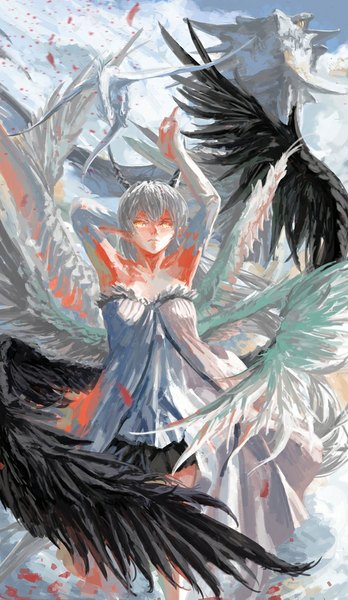 Anime picture 600x1032 with original pixiv fantasia pixiv fantasia t stu dts single long hair tall image looking at viewer fringe standing bare shoulders yellow eyes sky cloud (clouds) white hair horn (horns) pointy ears arm behind head black wings white wings