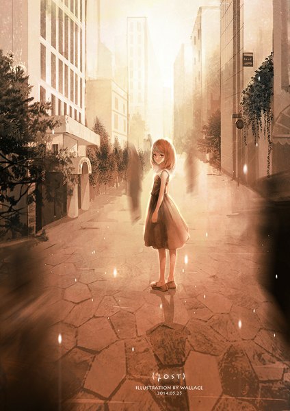 Anime picture 751x1063 with original wallace (artist) single long hair tall image looking at viewer fringe brown hair standing bare shoulders brown eyes city cityscape street girl dress plant (plants) black dress