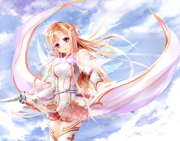 Anime picture 5120x4000 with sword art online a-1 pictures yuuki asuna garyljq single long hair highres bare shoulders absurdres cloud (clouds) orange hair orange eyes girl weapon detached sleeves sword