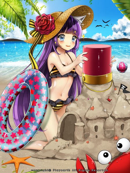 Anime picture 1500x2000 with original primcoco (jooarose) single long hair tall image looking at viewer blush blue eyes light erotic smile animal ears sky purple hair cloud (clouds) sparkle girl navel flower (flowers) swimsuit hat