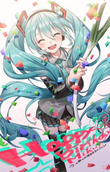 Anime picture 2480x3897 with vocaloid hatsune miku coppepan single tall image blush fringe highres open mouth simple background smile hair between eyes white background twintails bare shoulders holding eyes closed long sleeves very long hair pleated skirt