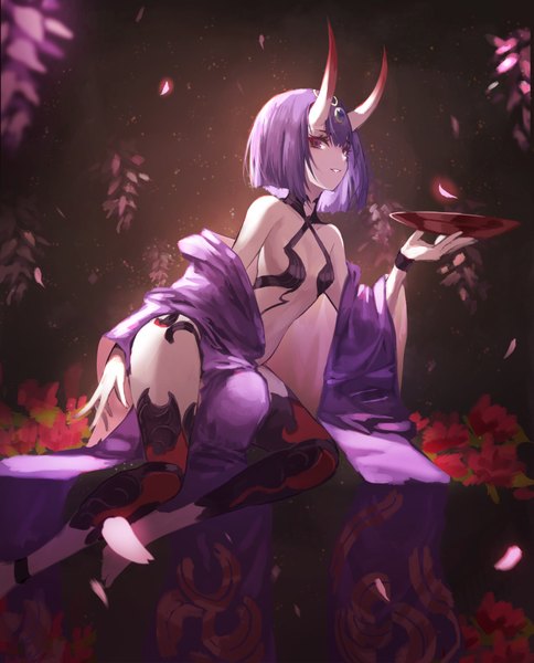 Anime picture 3305x4096 with fate (series) fate/grand order shuten douji (fate) peulopi single tall image looking at viewer fringe highres short hair breasts light erotic simple background smile purple eyes bare shoulders holding absurdres purple hair traditional clothes