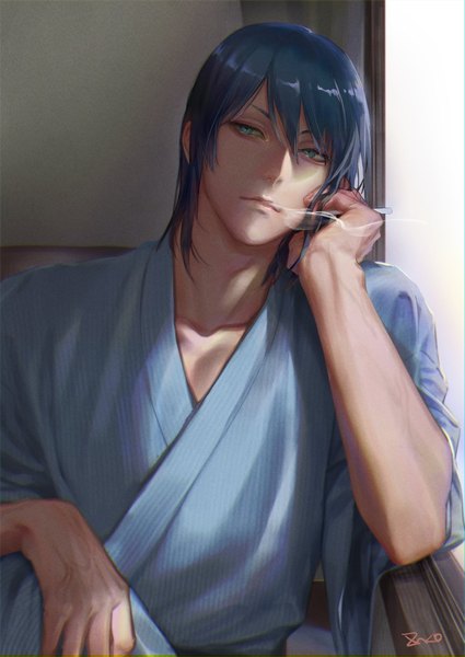 Anime picture 900x1271 with chainsaw man mappa hayakawa aki znko single tall image looking at viewer fringe short hair blue eyes hair between eyes sitting holding signed blue hair indoors traditional clothes japanese clothes realistic wide sleeves