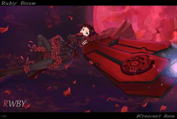Anime picture 1200x811 with rwby rooster teeth ruby rose white crow single short hair brown hair brown eyes night red moon girl dress weapon petals boots gun cape