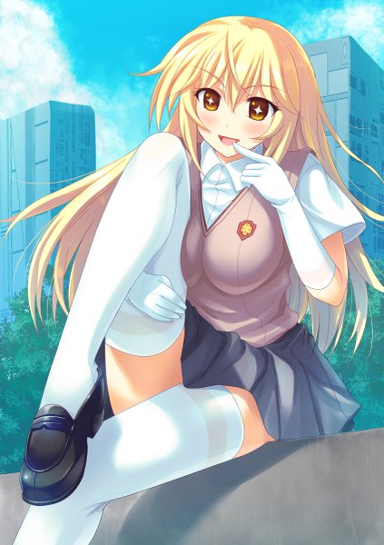 Anime picture 847x1200 with to aru kagaku no railgun to aru majutsu no index j.c. staff shokuhou misaki rakkyo single long hair tall image looking at viewer blush open mouth light erotic blonde hair smile brown eyes + + girl thighhighs gloves uniform