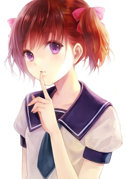 Anime picture 1000x1414 with original fukahire (ruinon) single tall image looking at viewer fringe short hair simple background brown hair white background twintails purple eyes red hair profile finger to mouth short twintails girl serafuku necktie