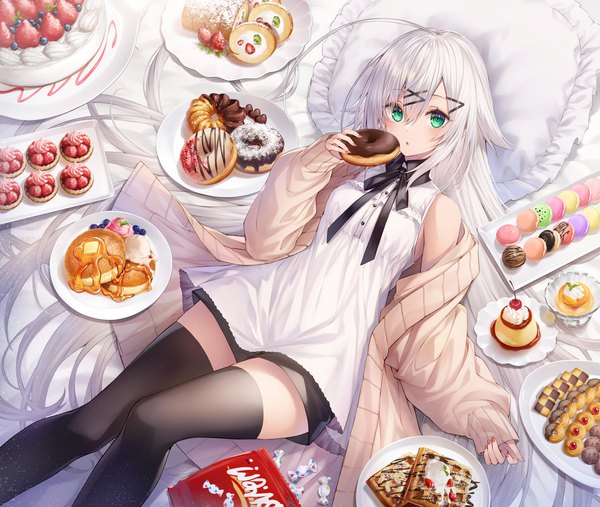 Anime picture 3000x2534 with original chabaneko single looking at viewer blush fringe highres open mouth hair between eyes green eyes white hair lying long sleeves very long hair nail polish from above off shoulder on back zettai ryouiki sleeves past wrists