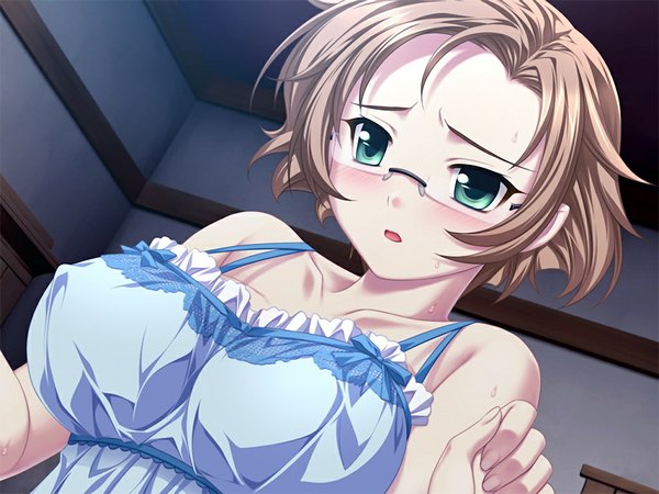 Anime picture 1024x768 with rui wa tomo wo yobu akatsuki-works shirasaya iyo short hair breasts light erotic brown hair large breasts green eyes game cg girl glasses