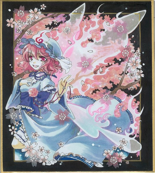 Anime picture 1913x2137 with touhou saigyouji yuyuko socha single tall image highres short hair open mouth pink hair pink eyes cherry blossoms framed girl dress petals wings bonnet branch blue dress