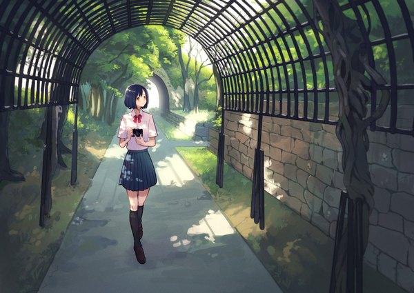 Anime picture 2433x1723 with original sooon single highres short hair holding yellow eyes blue hair looking away full body outdoors pleated skirt turning head walking brick wall girl skirt uniform plant (plants) school uniform
