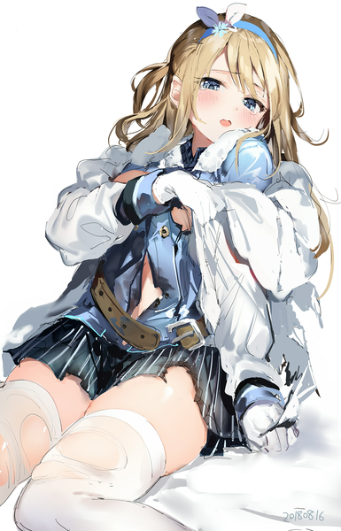 Anime picture 2255x3512 with girls frontline suomi kp31 (girls frontline) umibouzu (niito) single long hair tall image looking at viewer blush fringe highres open mouth blue eyes light erotic simple background blonde hair white background sitting long sleeves off shoulder torn clothes