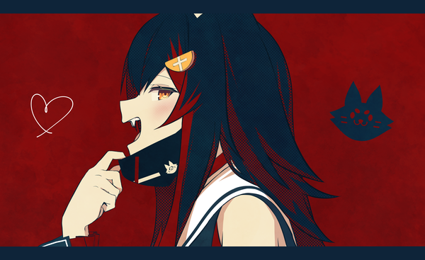 Anime picture 5400x3306 with vocaloid virtual youtuber hololive vampire (vocaloid) ookami mio inaba teitoku single long hair blush highres black hair simple background wide image absurdres upper body profile orange eyes fang (fangs) letterboxed red background
