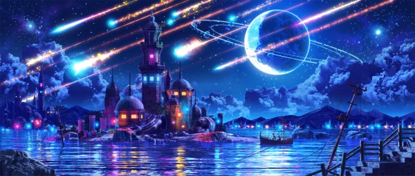 Anime picture 1280x545 with original youji (artist) wide image sky cloud (clouds) night sky city reflection mountain water star (stars) stairs planet castle watercraft ship meteorite