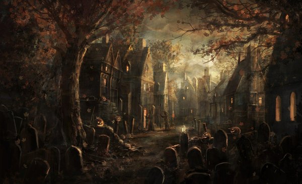 Anime picture 1280x780 with original rado javor (artist) wide image city cityscape halloween autumn morning sunrise plant (plants) tree (trees) witch hat staff vegetables autumn leaves jack-o'-lantern house pumpkin people cemetery