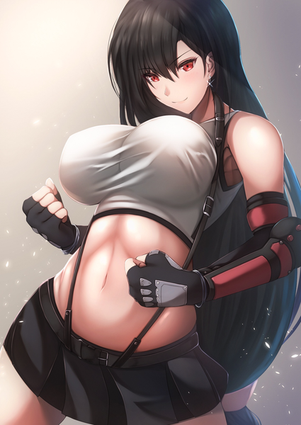 Anime picture 1416x2000 with final fantasy final fantasy vii final fantasy vii remake square enix tifa lockhart tiri man single long hair tall image looking at viewer blush fringe breasts light erotic black hair simple background smile hair between eyes red eyes large breasts