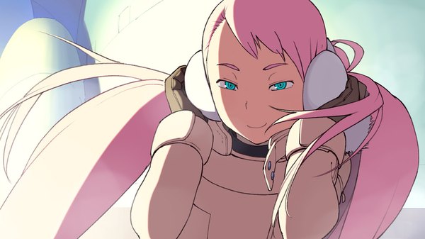 Anime picture 1012x570 with overman king gainer cynthia lane go robots single long hair smile wide image twintails looking away pink hair aqua eyes wind eyebrows girl gloves coat earmuffs