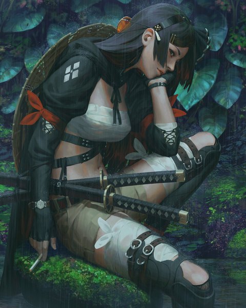 Anime picture 2000x2500 with original guweiz single long hair tall image looking at viewer blush highres black hair sitting holding bent knee (knees) outdoors parted lips profile black eyes puffy sleeves rain sunglasses on head head rest