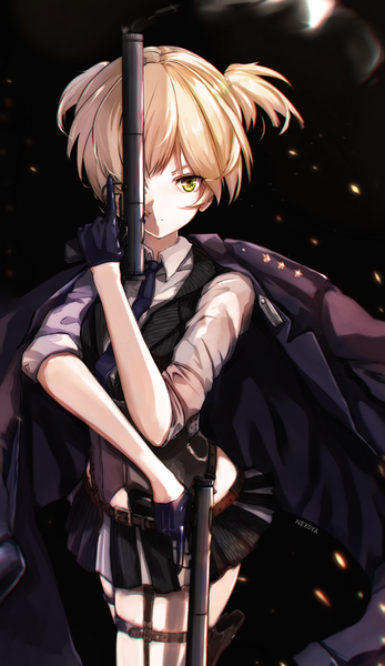 Anime picture 639x1103 with girls frontline welrod mk2 (girls frontline) nekoya (liu) single tall image looking at viewer short hair blonde hair simple background standing twintails holding green eyes signed pleated skirt black background short twintails smoke serious clothes on shoulders