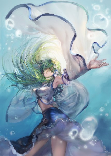 Anime picture 858x1201 with touhou kochiya sanae kishiyo single long hair tall image looking at viewer blush bare shoulders green eyes green hair sunlight wide sleeves bare belly armpit (armpits) midriff erect nipples outstretched arm covered nipples underwater