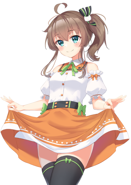 Anime picture 1447x2047 with virtual youtuber hololive natsuiro matsuri starkamisan single tall image blush short hair blue eyes simple background smile brown hair white background payot ahoge side ponytail skirt hold girl thighhighs skirt
