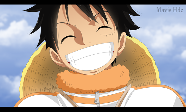 Anime picture 2500x1514 with one piece toei animation monkey d. luffy mavis hdz single fringe highres short hair black hair smile wide image signed sky cloud (clouds) upper body eyes closed head tilt fur trim grin coloring