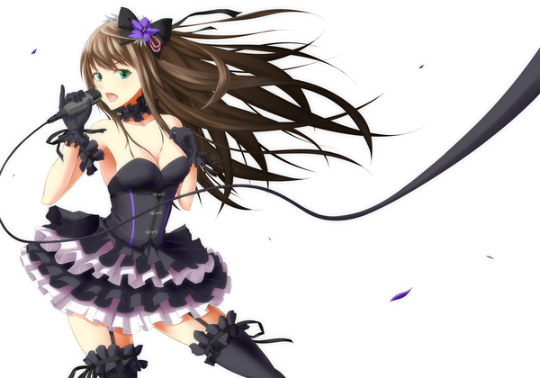 Anime picture 1920x1347 with idolmaster idolmaster cinderella girls shibuya rin ihara natsume long hair highres open mouth simple background brown hair white background holding green eyes black gothic dress (idolmaster) girl thighhighs dress gloves bow black thighhighs hair bow