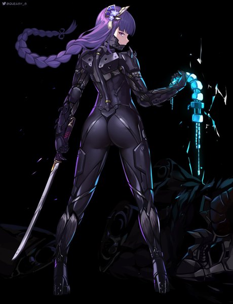Anime picture 4020x5244 with genshin impact metal gear rising : revengeance raiden shogun raiden queasy s single long hair tall image looking at viewer fringe highres light erotic simple background purple eyes holding signed absurdres purple hair full body braid (braids)