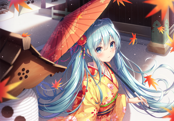 Anime picture 4286x3000 with vocaloid hatsune miku dangmyo single long hair looking at viewer blush fringe highres blue eyes hair between eyes standing twintails holding payot blue hair absurdres upper body outdoors long sleeves