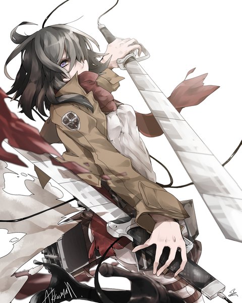 Anime-Bild 1200x1500 mit shingeki no kyojin production i.g mikasa ackerman saihate (d3) single tall image fringe short hair blue eyes black hair simple background hair between eyes white background long sleeves multicolored hair arm up outstretched arm gradient hair looking up frown