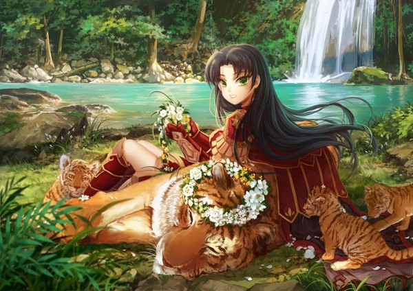 Anime picture 1697x1200 with original huazha01 single long hair looking at viewer black hair green eyes river waterfall girl dress flower (flowers) plant (plants) animal petals tree (trees) water wreath tiger